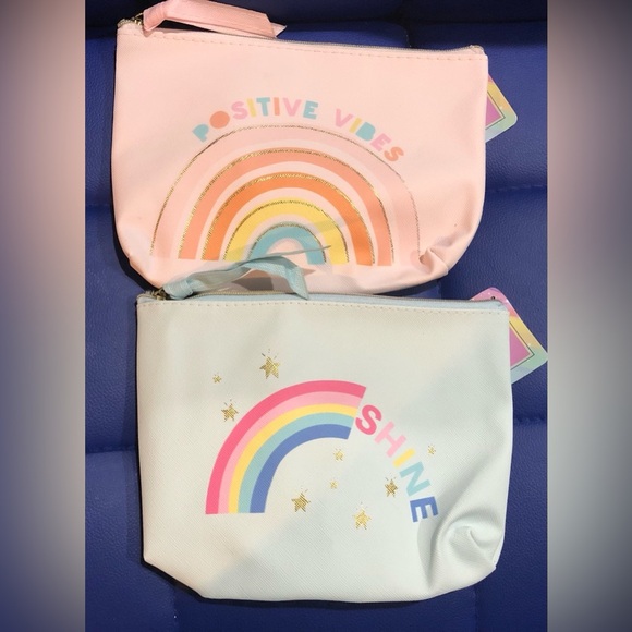2pk graphic print‎ positive vibes & shine rainbow makeup toiletries bag cases - Picture 1 of 8